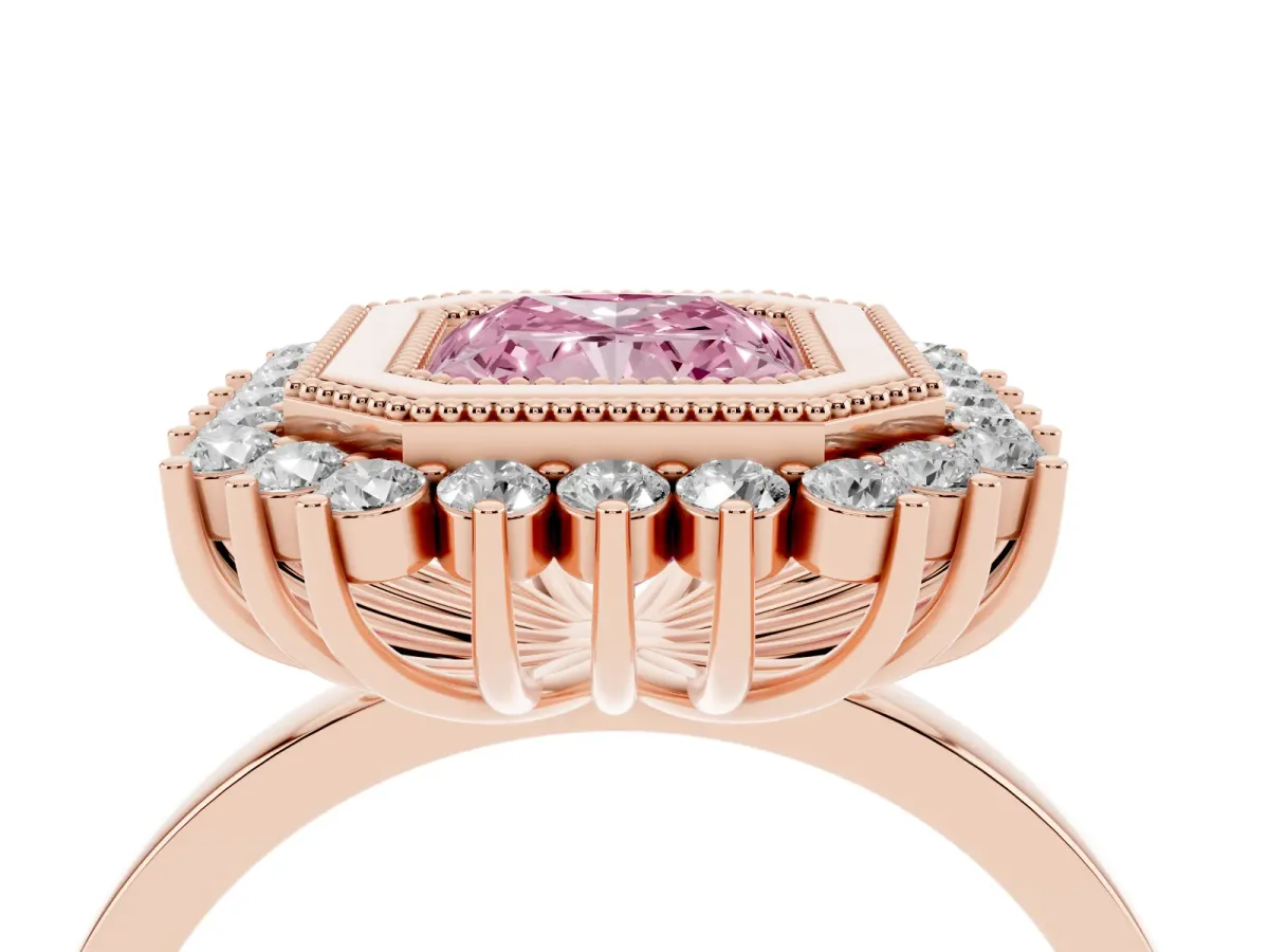 Fancy Pink Radiant Cut Halo Diamond Ring with Milgrain Edge and Round Prong Setting Rose gold