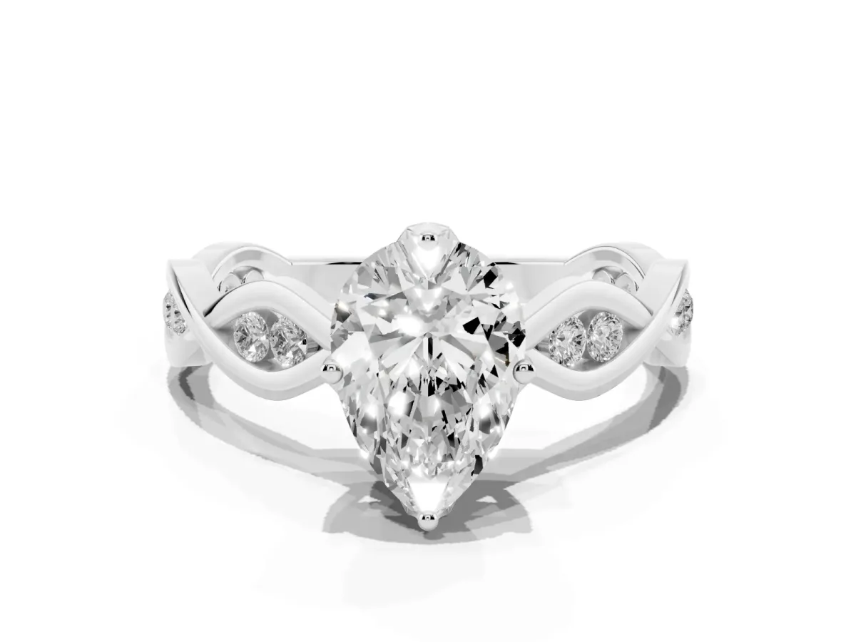 Pear Cut Solitaire Twist Band with Leaf Prong Setting White gold