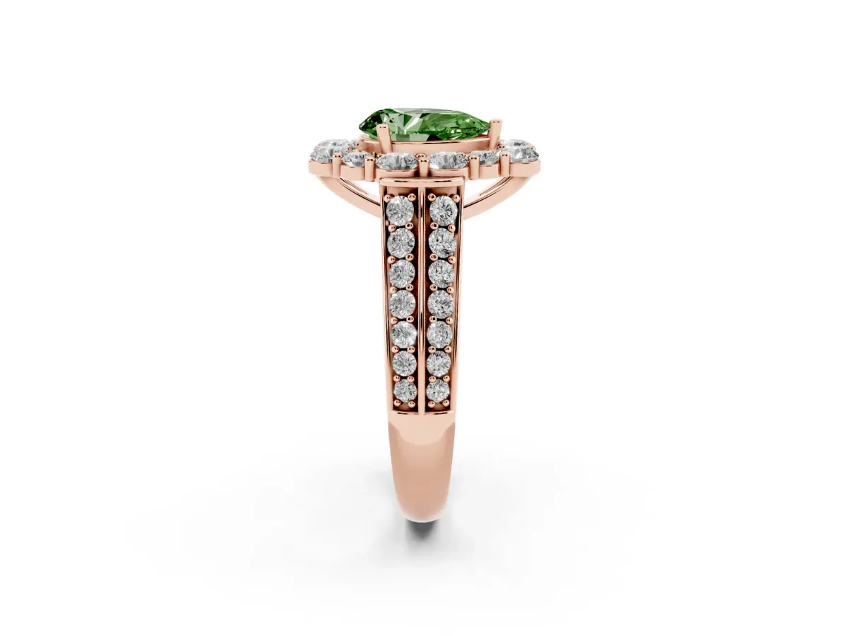 Fancy Green Pear Cut Halo Diamond Engagement Ring with Split Shank and Prong Setting Rose gold