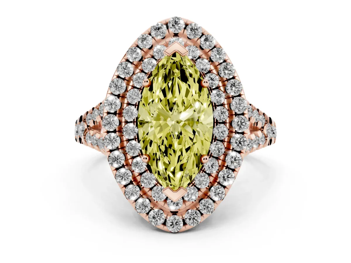 Fancy Yellow Double Halo Marquise Cut Diamond Pavé Split Shank Ring with Prong Setting Rose gold