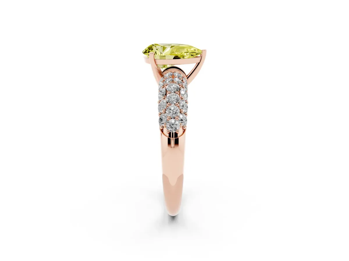 Fancy Yellow Pear Cut Diamond Pavé Band Solitaire Ring with Four-Prong Setting Rose gold