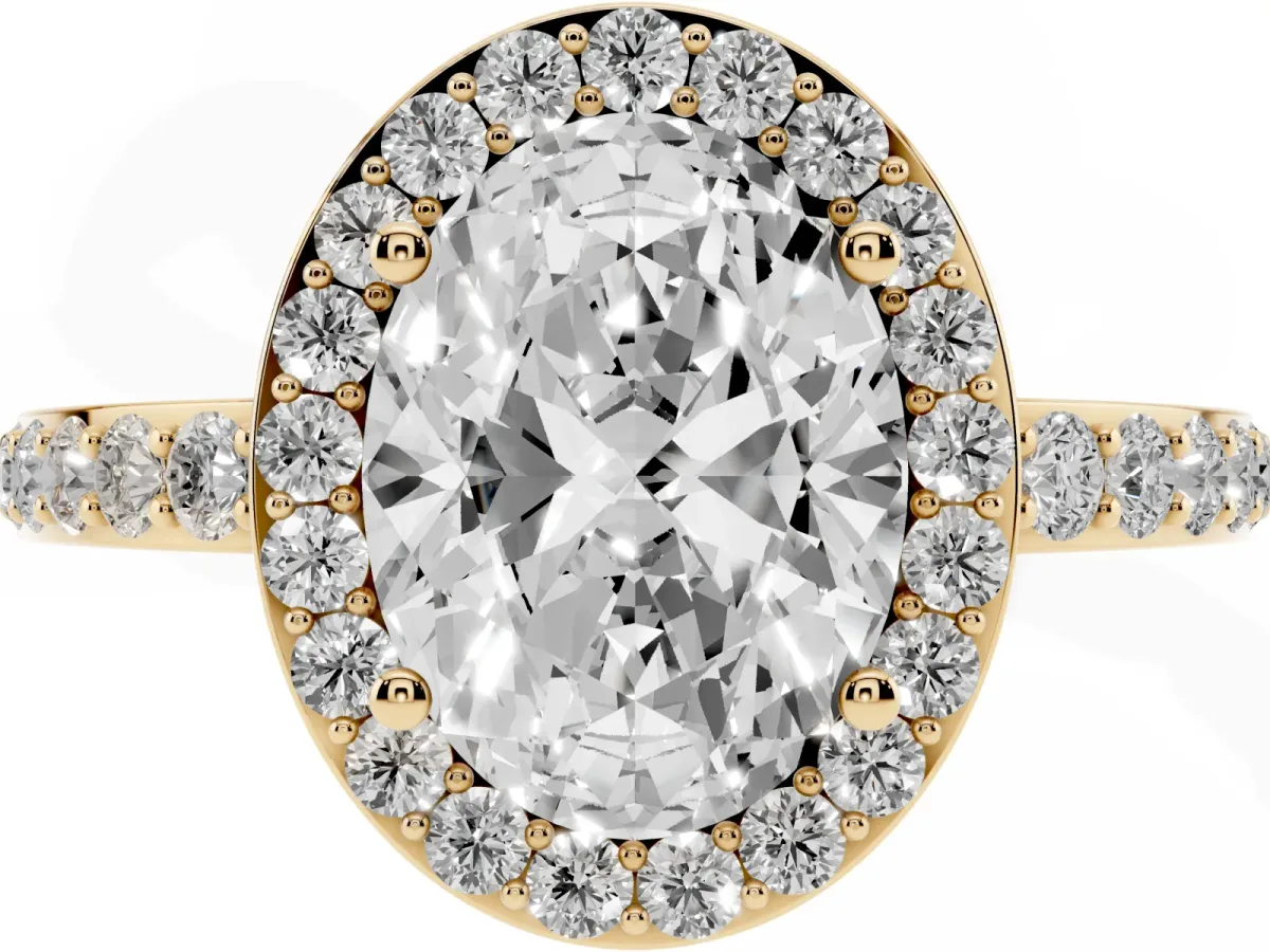 Oval Cut Halo Diamond Pavé Band Ring with Prong Setting Yellow gold