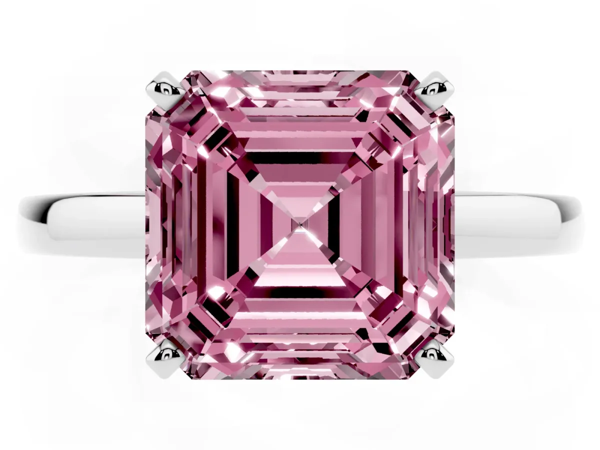 Fancy Pink Asscher Cut Solitaire Diamond Engagement Ring with Four-Prong Setting on a Classic Band Platinum