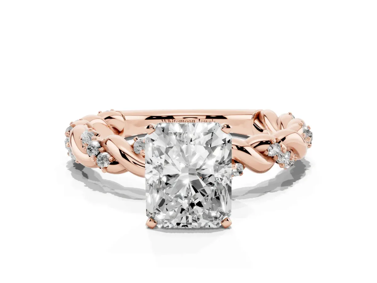 Radiant Cut Diamond Solitaire Ring with Twisted Band and Pavé Accents Rose gold