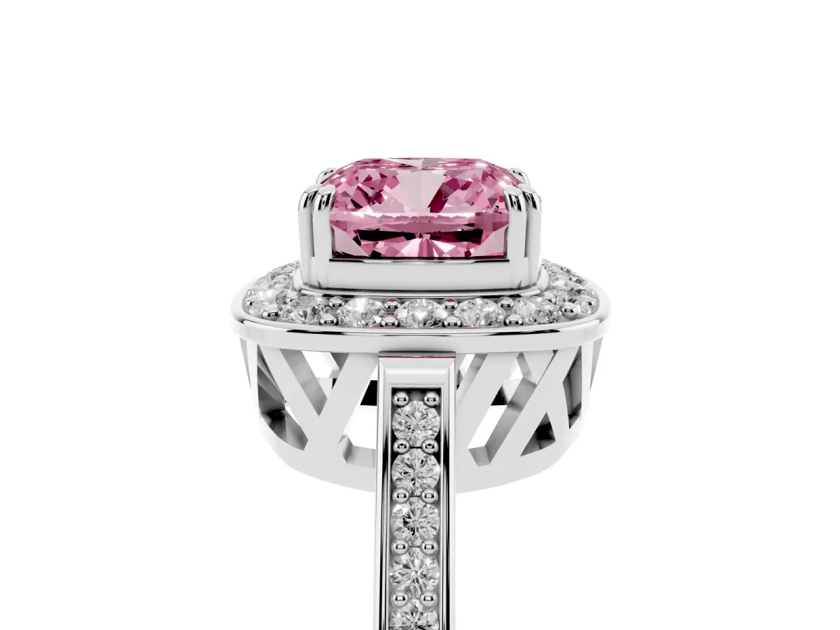 Fancy Pink Cushion Cut Diamond Halo Ring with Split Shank and Four-Prong Setting Silver