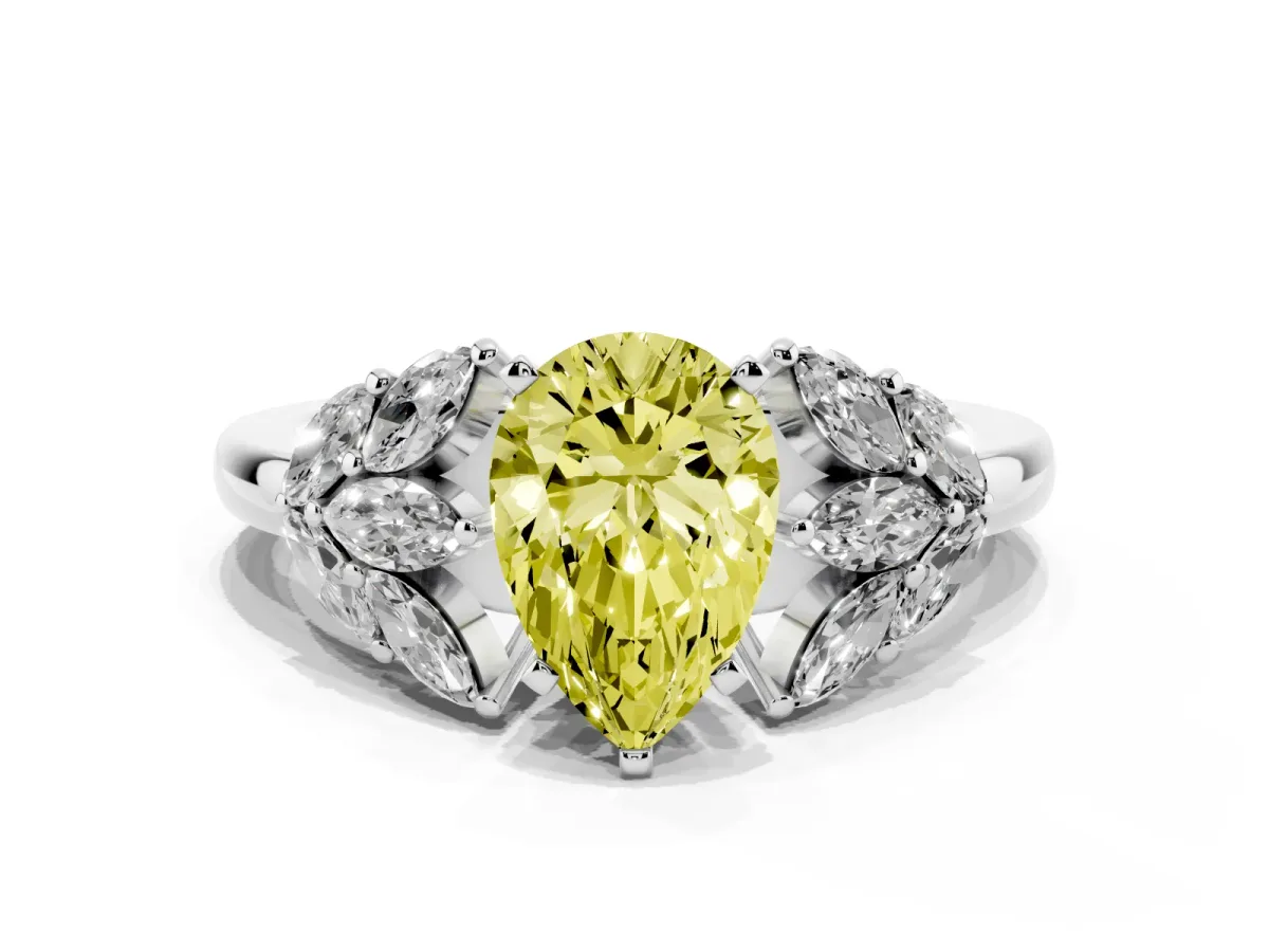 Fancy Yellow Pear Cut Diamond Cluster Leaf Design Ring with Prong Setting Silver