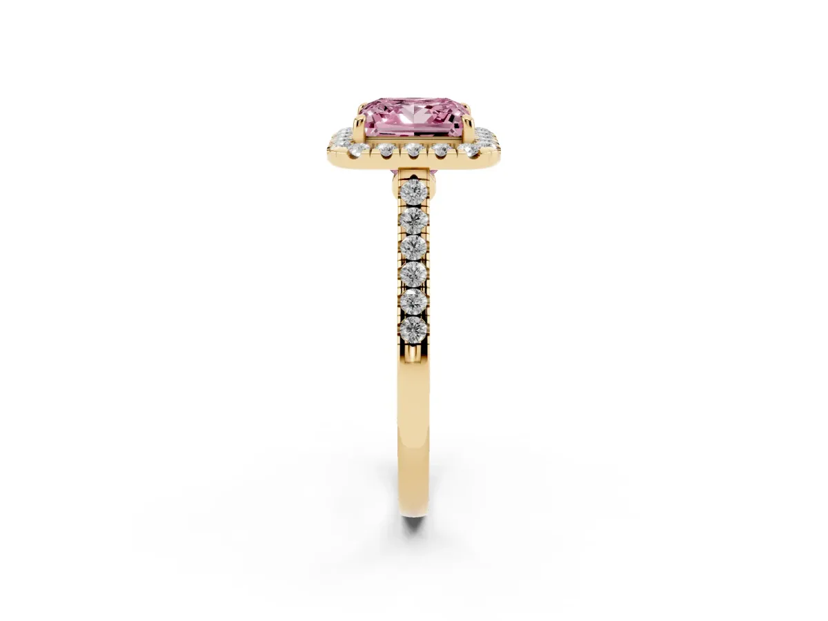 Fancy Pink Princess Cut Halo Pave Diamond Engagement Ring with Four-Prong Setting Yellow gold
