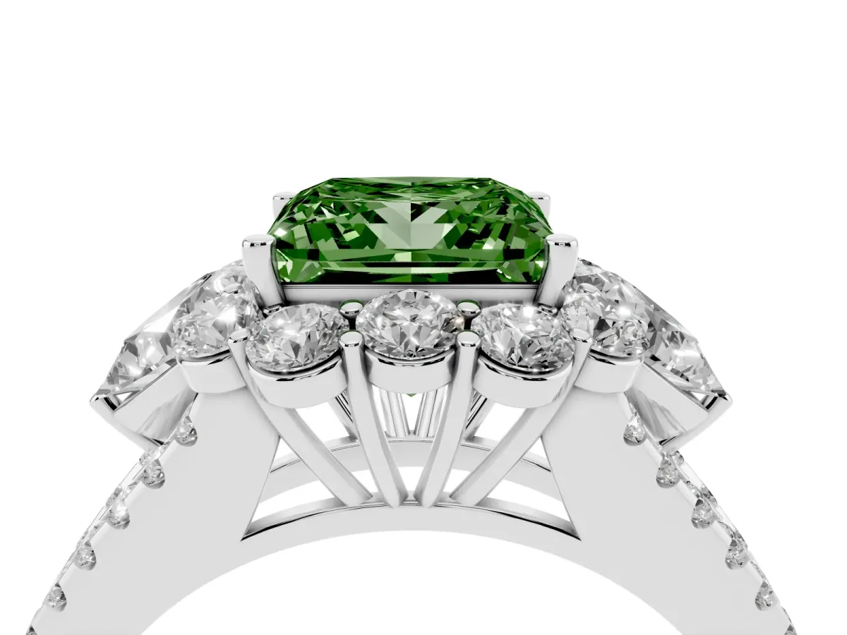Fancy Green Princess Cut Halo Split Shank Diamond Engagement Ring with Prong Setting Silver