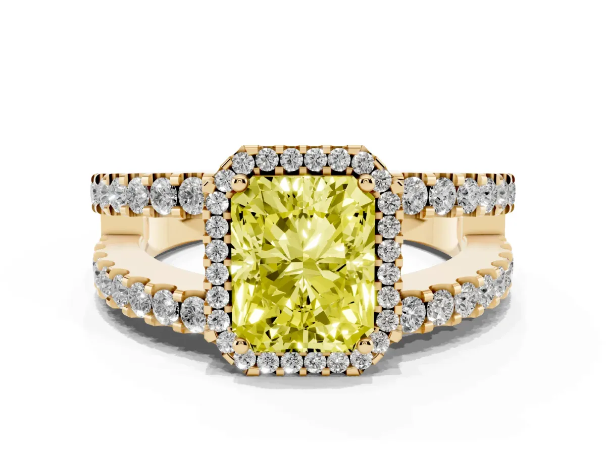 Fancy Yellow Radiant Cut Cut Halo Split Shank Diamond Ring with Four-Prong Setting Yellow gold