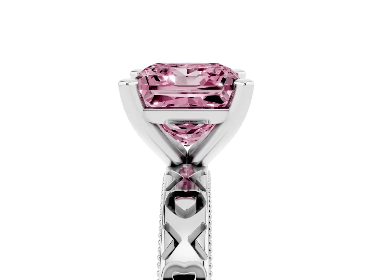 Fancy Pink Princess Cut Solitaire Diamond Engagement Ring with XO Engraved Band and Four-Prong Setting Silver
