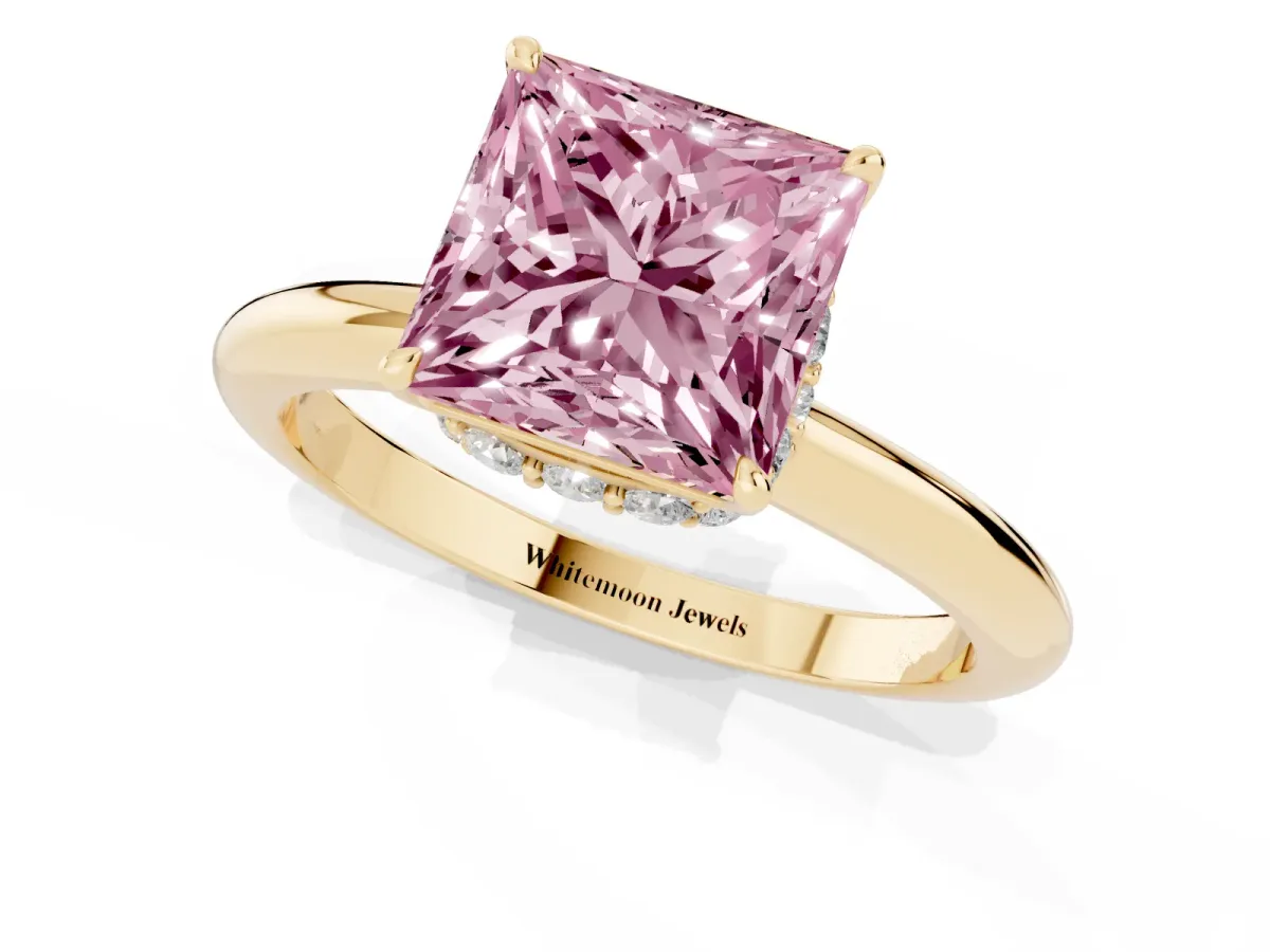 Fancy Pink Princess Cut Brilliant Solitaire Engagement Ring with Six-Prong Setting and Classic Band Yellow gold