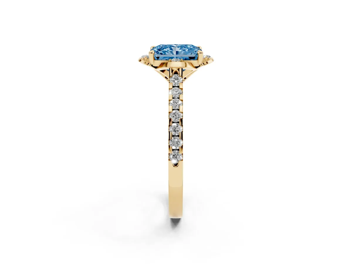 Fancy Blue Radiant Cut Diamond Ring with Pavé Band and Floral Prong Setting Yellow gold