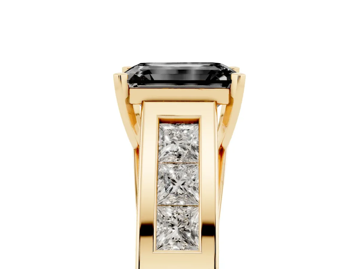 Fancy Black Emerald Cut Cut Channel Set Solitaire Ring with Four-Prong Setting Yellow gold