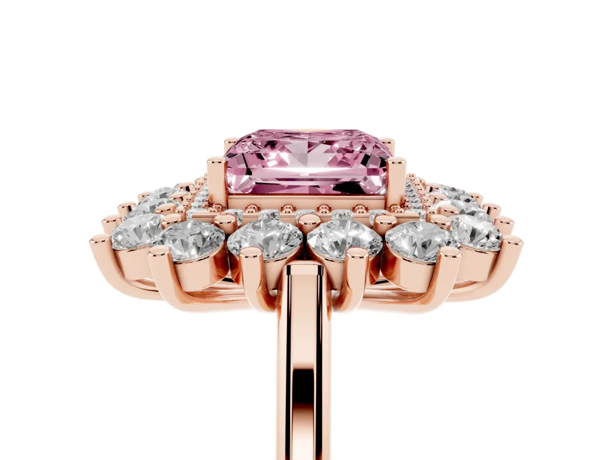 Fancy Pink Princess Cut Diamond Floral Double Halo Engagement Ring with Prong Setting Rose gold