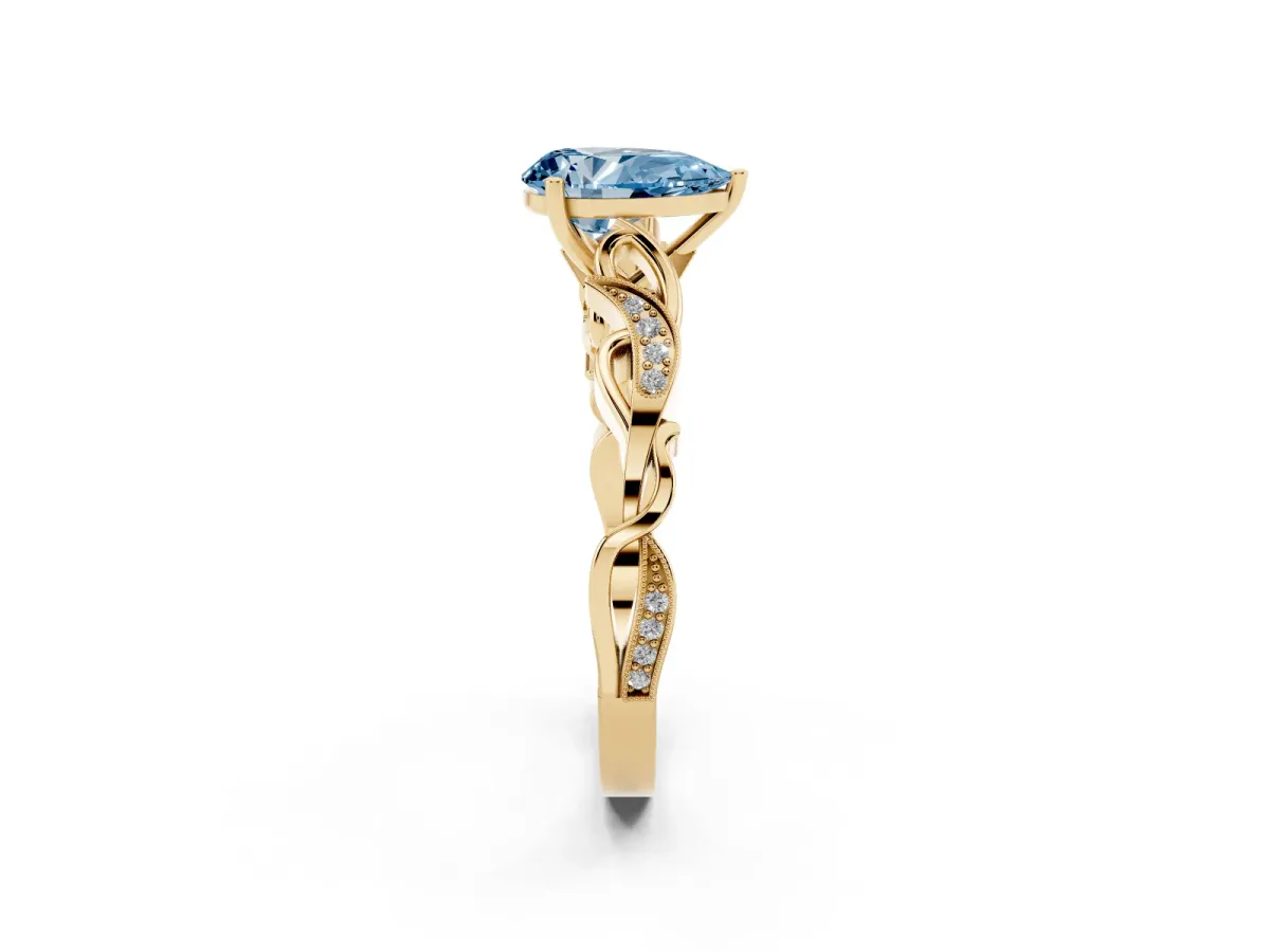 Fancy Blue Pear Cut Solitaire Vine Band with Milgrain Prong Setting Yellow gold