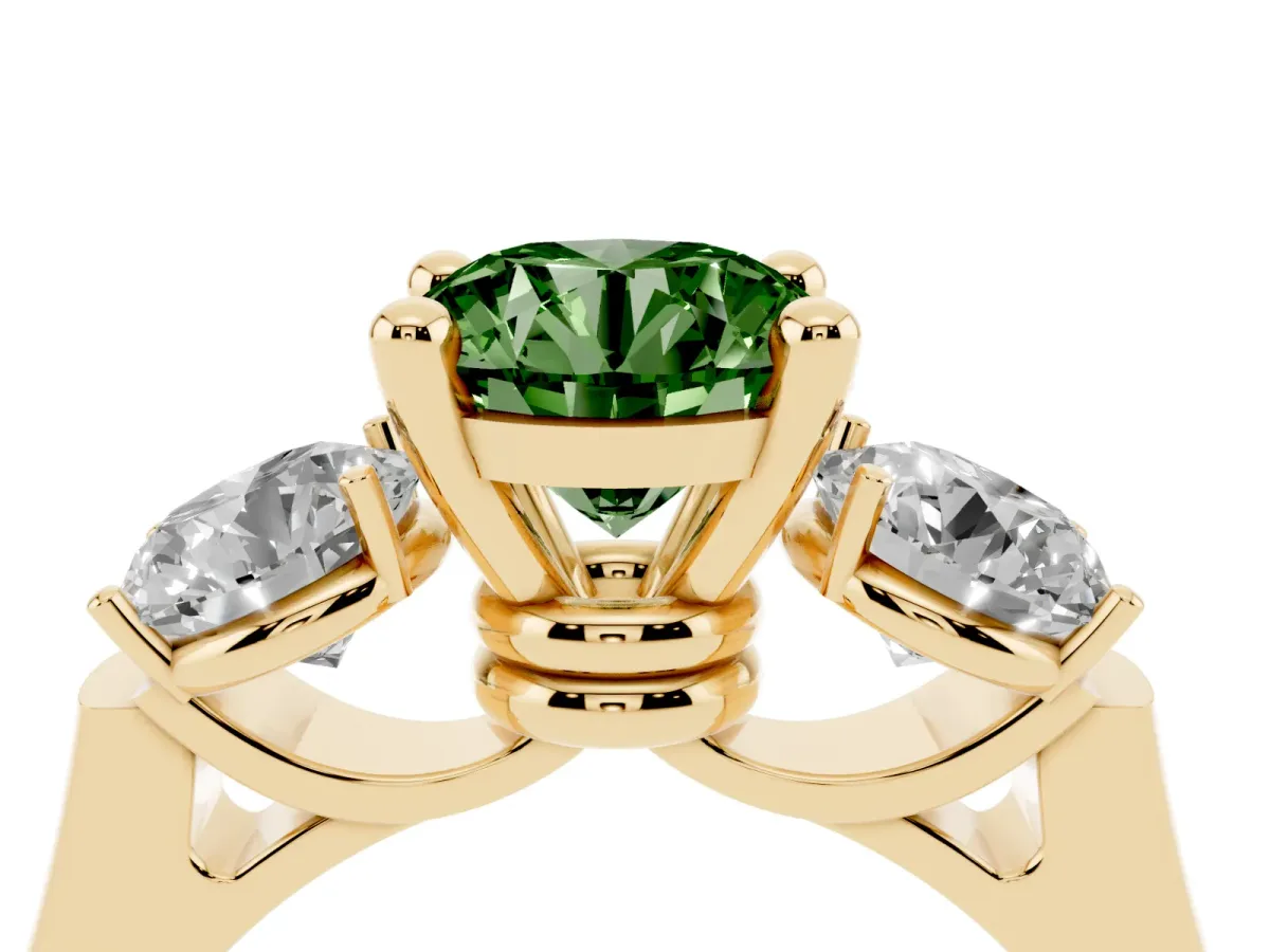Fancy Green Three-Stone Round Cut Brilliant Diamond Trellis Ring with Comfort Fit Band Yellow gold