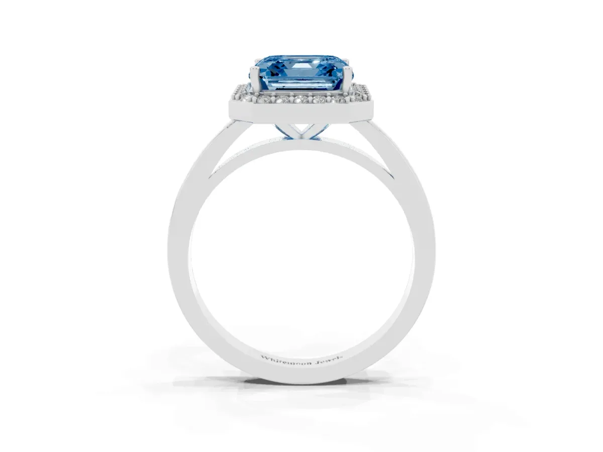 Fancy Blue Asscher Cut Halo Diamond Ring with Solitaire Band and Prong Setting Silver