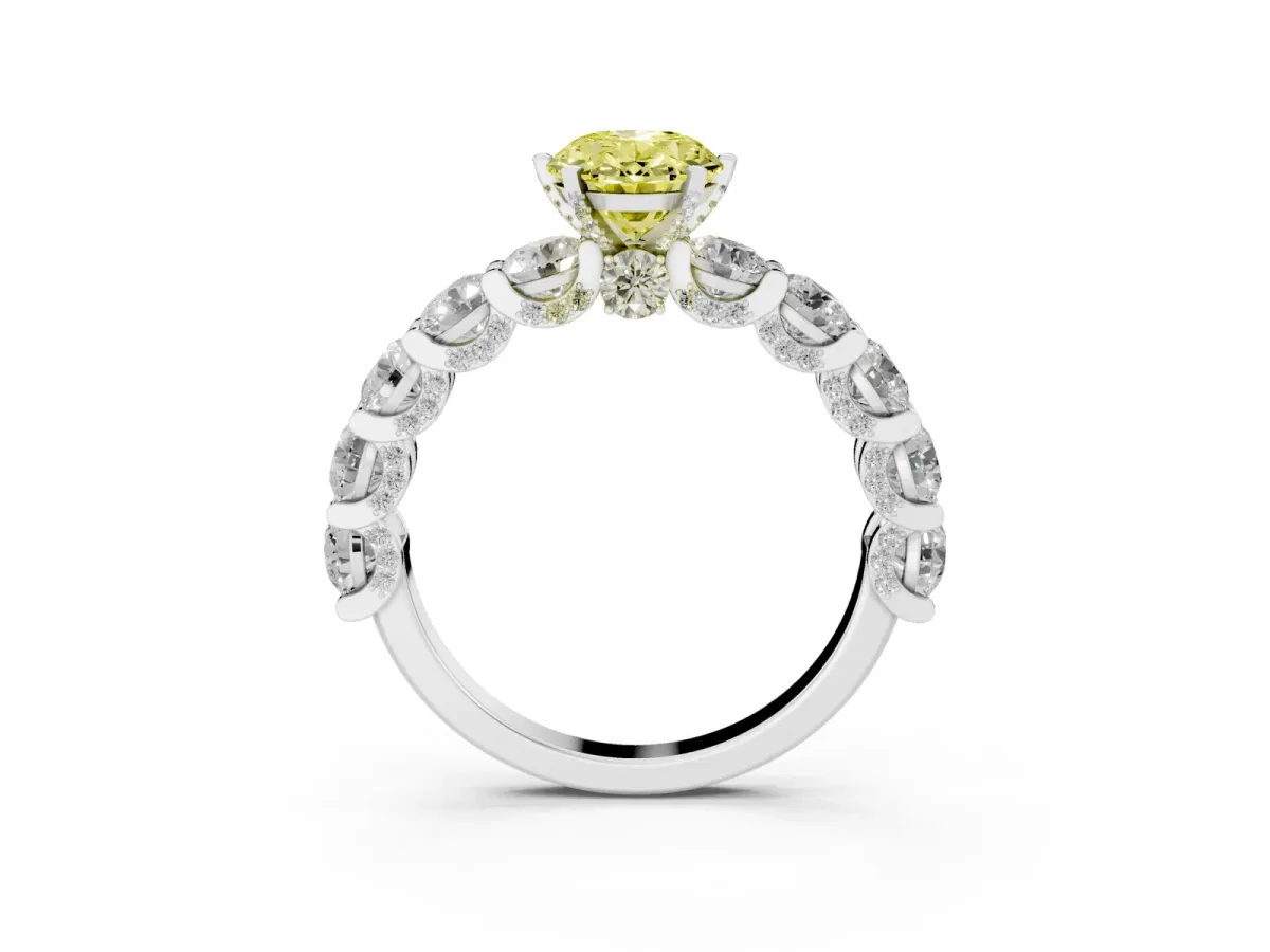 Fancy Yellow Oval Cut Diamond Side Stone Engagement Ring with Four-Prong Setting Platinum