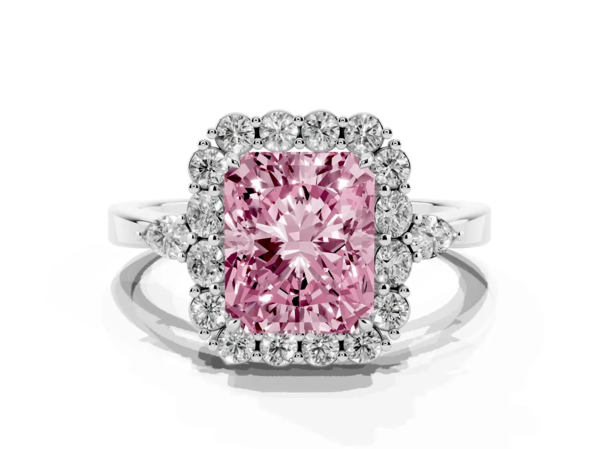 Fancy Pink Radiant Cut Diamond Halo Ring with Pear Side Stones and Prong Setting Silver