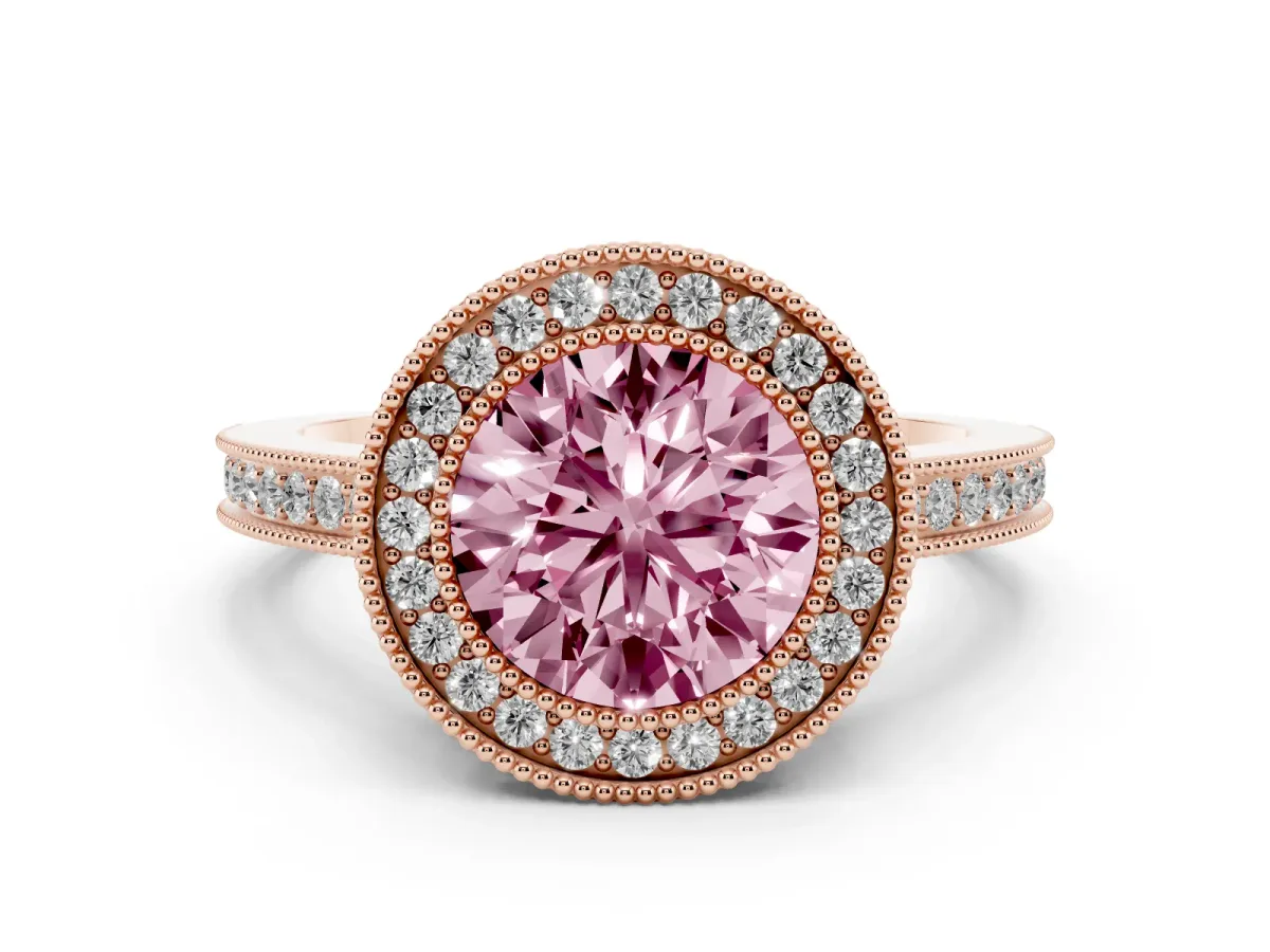 Fancy Pink Round Cut Cut Halo Diamond Ring with Pavé Band and Milgrain Prong Setting Rose gold
