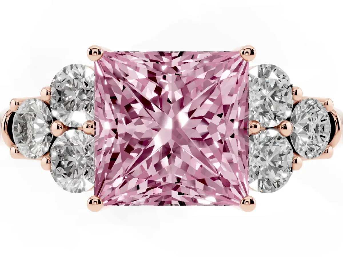 Fancy Pink Princess Cut Cut Diamond Cluster Ring with Round Accent Stones and Prong Setting on a Classic Band Rose gold
