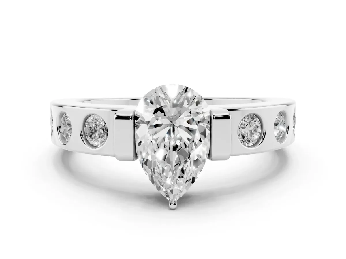 Pear Cut Brilliant Channel-Set Diamond Ring with Bezel Prong Setting Silver