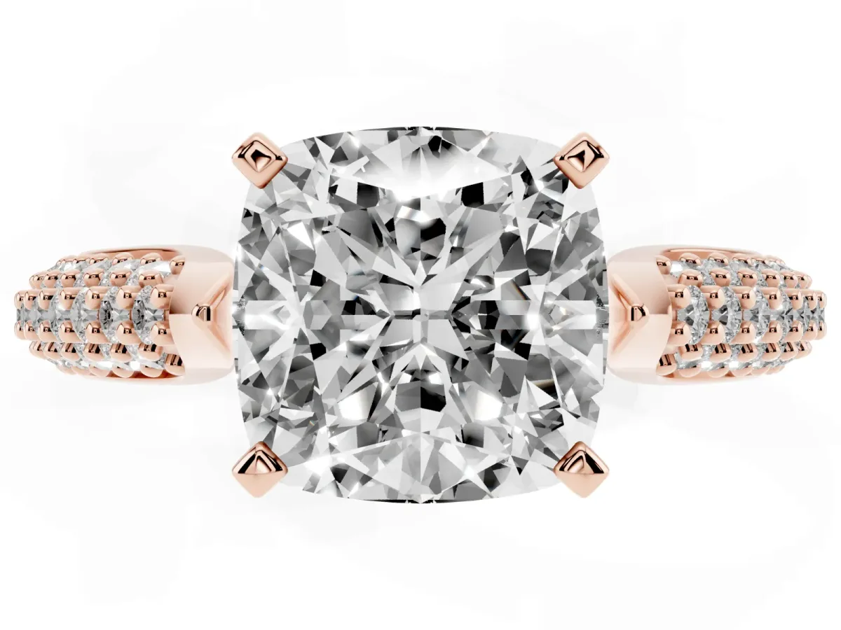Cushion Cut Diamond Solitaire Engagement Ring with Multi-Row Round Pavé Band and Prong Setting Rose gold