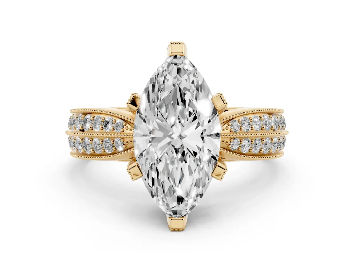 Marquise Cut Diamond Solitaire Ring with Milgrain Round Pavé Band and Prong Setting Yellow gold