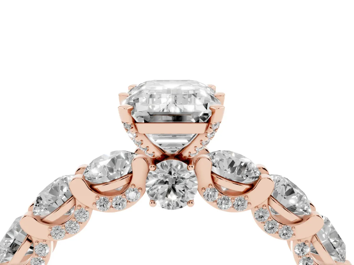 Emerald Cut Diamond Side Stone Engagement Ring with Four-Prong Setting Rose gold