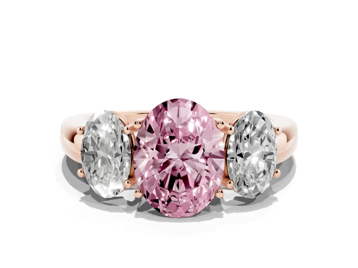Fancy Pink Oval Cut Diamond Three-Stone Ring with Four-Prong Setting and Classic Band Rose gold