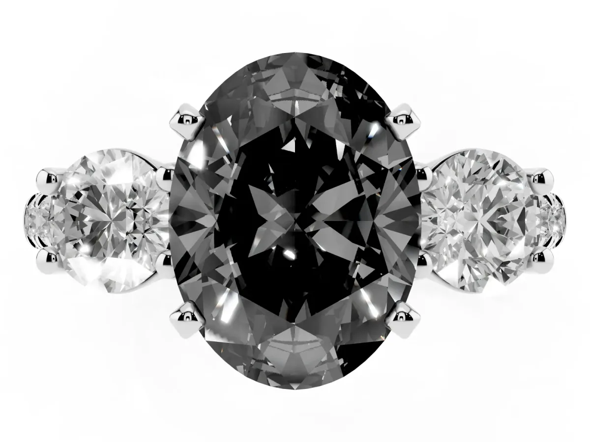 Fancy Black Three-Stone Oval Cut Diamond Pavé Band with Four-Prong Setting Silver
