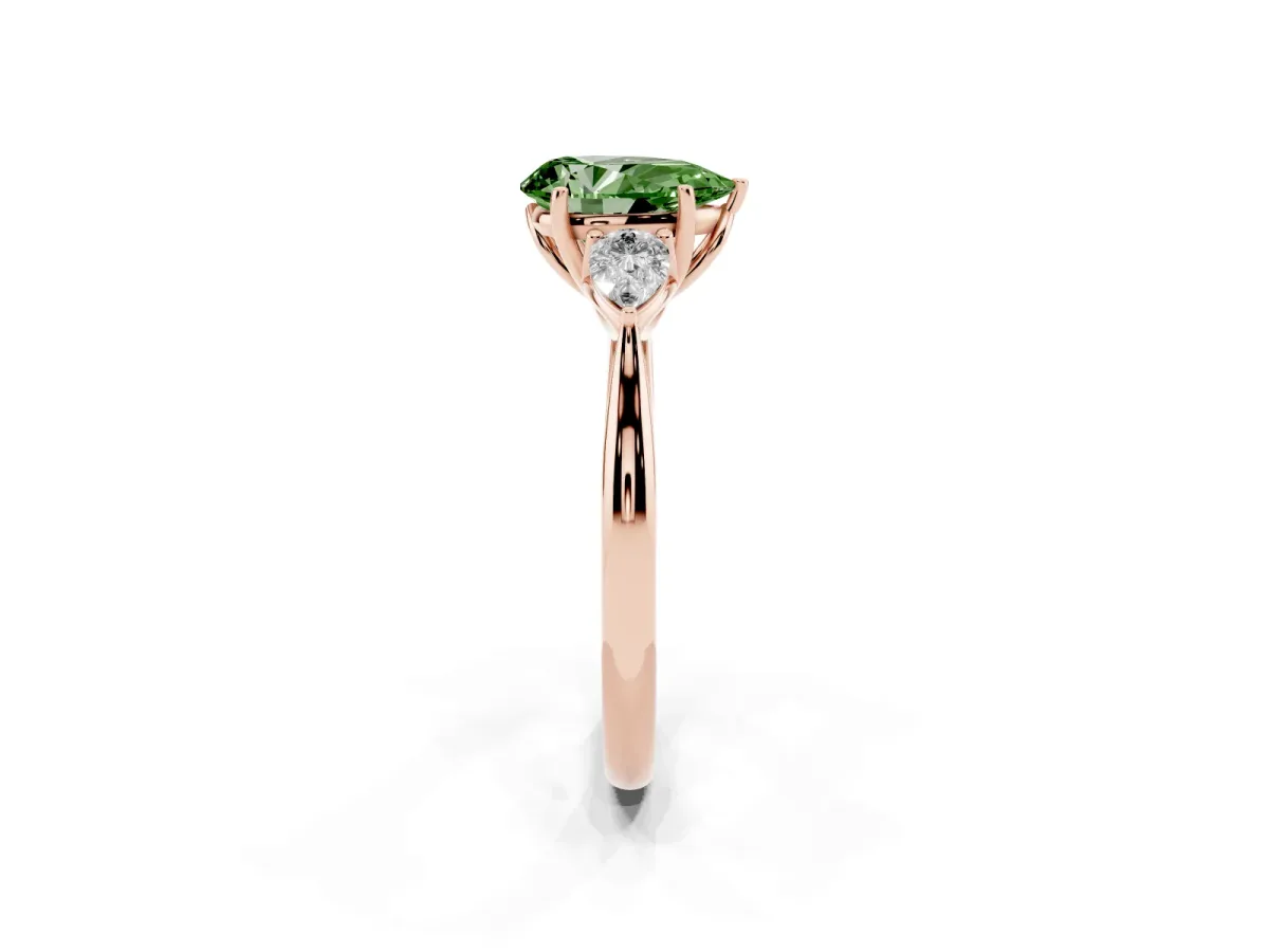 Fancy Green Three-Stone Pear Cut Brilliant Diamond Solitaire Ring with Tapered Band and Four-Prong Setting Rose gold