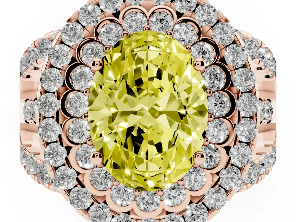 Fancy Yellow Oval Cut Diamond Double Halo Ring with Round Pavé Split Shank and Prong Setting Rose gold