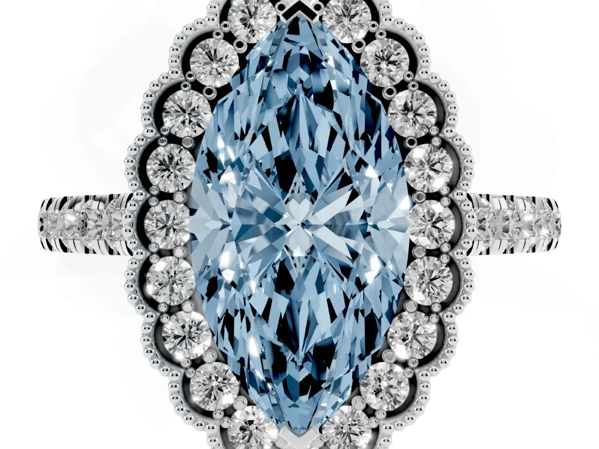 Fancy Blue Marquise Cut Cut Diamond Milgrain Floral Halo Engagement Ring with Pavé Band White gold