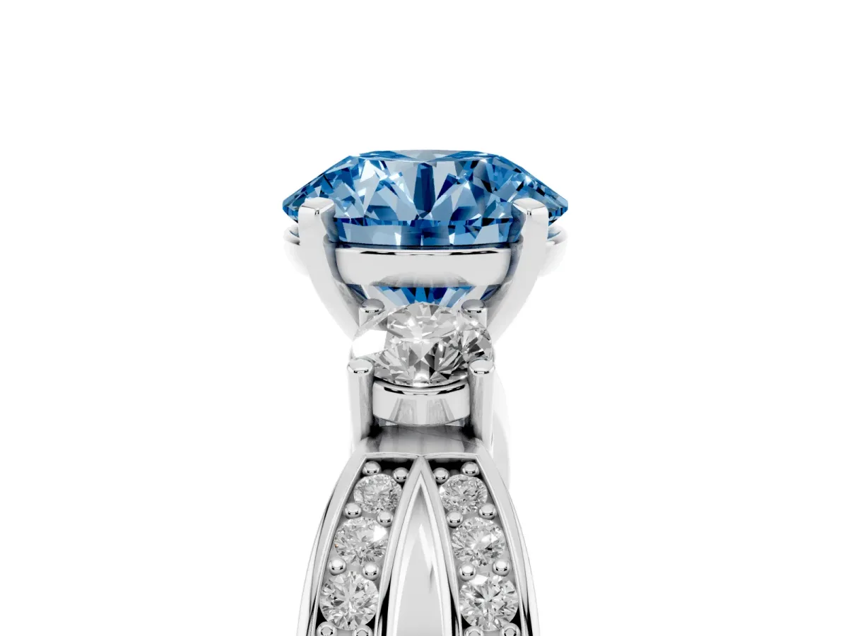 Fancy Blue Three-Stone Round Cut Cut Diamond Twist Band with Prong Setting Silver