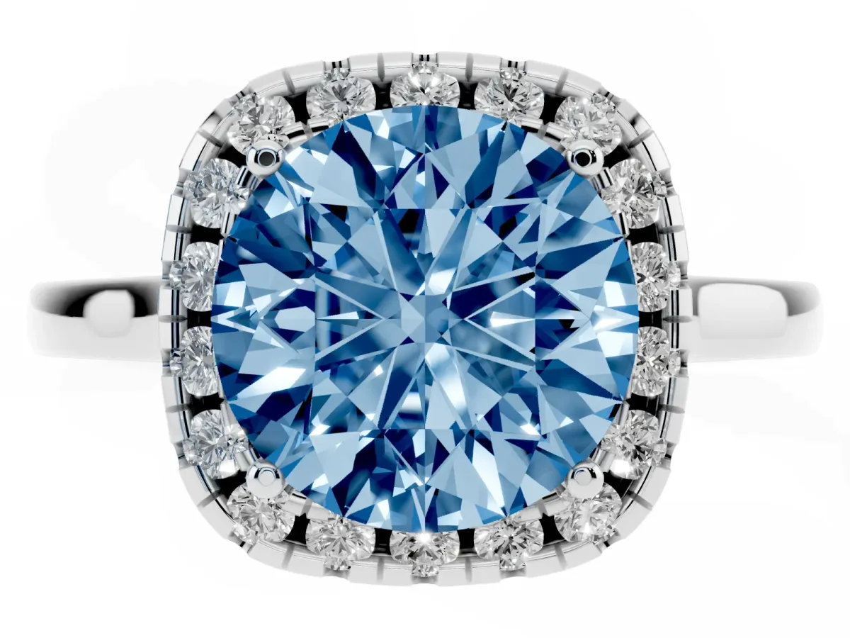Fancy Blue Round Cut Halo Round Diamond Solitaire Ring with Pavé Band and Four-Prong Setting Silver