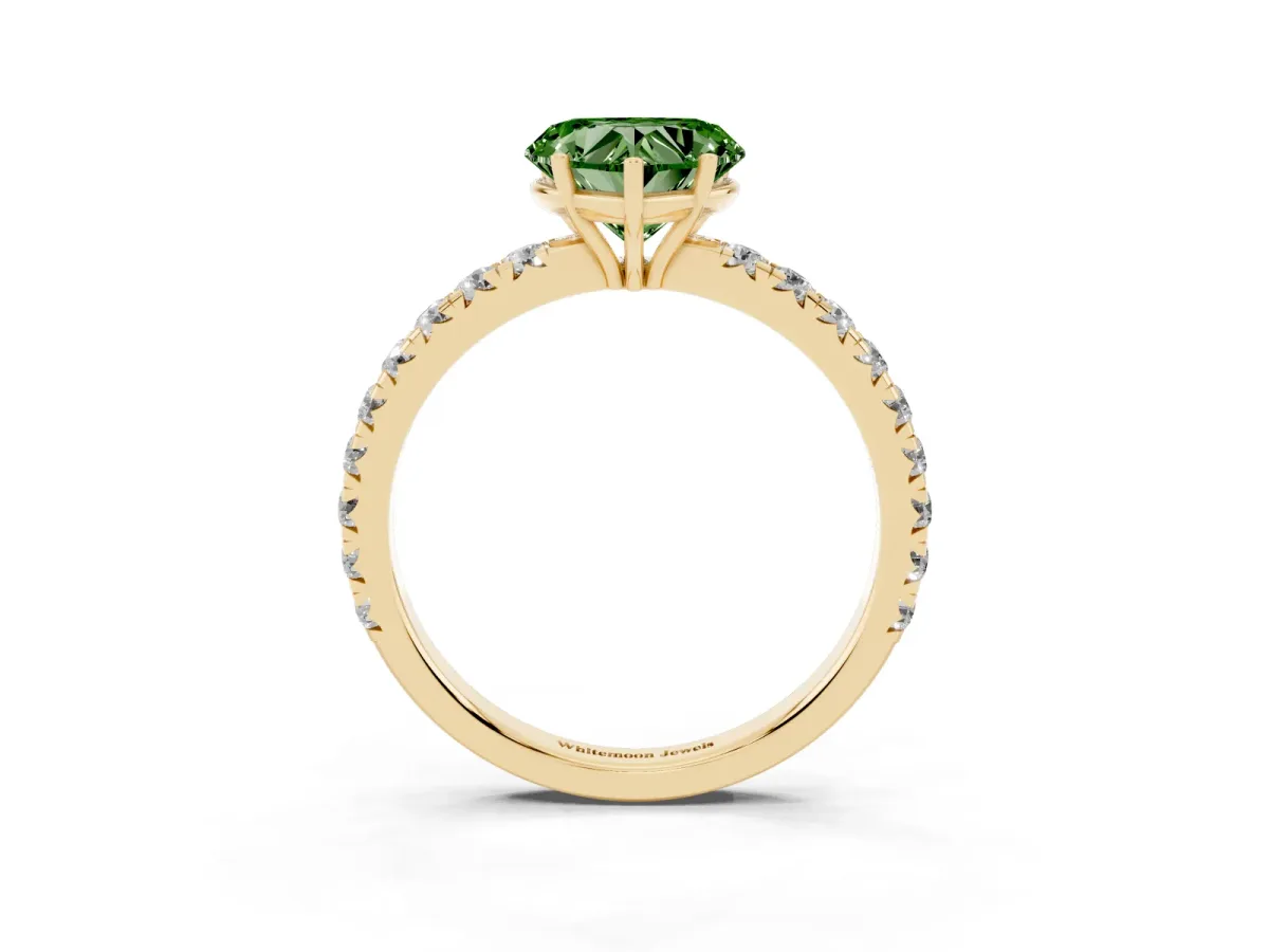 Fancy Green Heart Cut Diamond Pavé Solitaire Engagement Ring with Four-Prong Setting Yellow gold