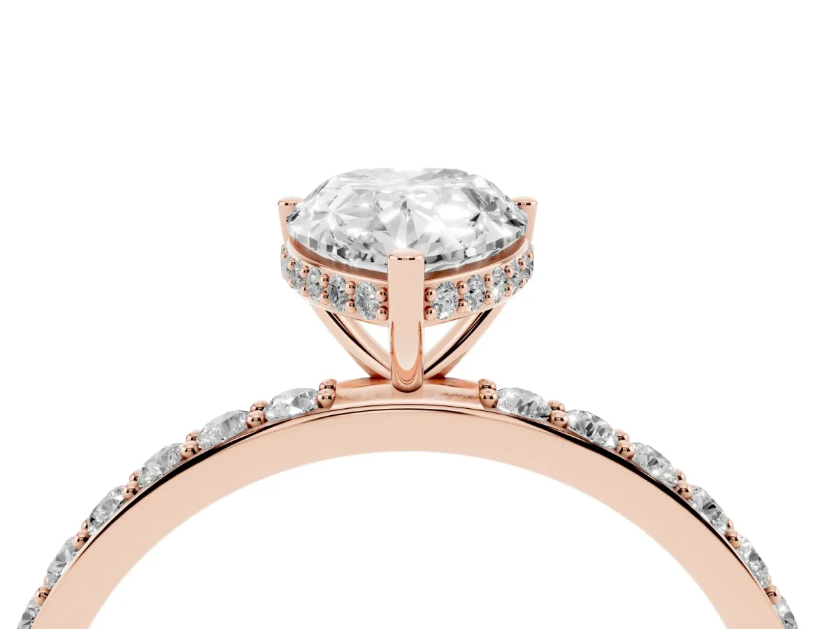 Pear Cut Diamond Solitaire Ring with Pavé Band and Hidden Halo Rose gold