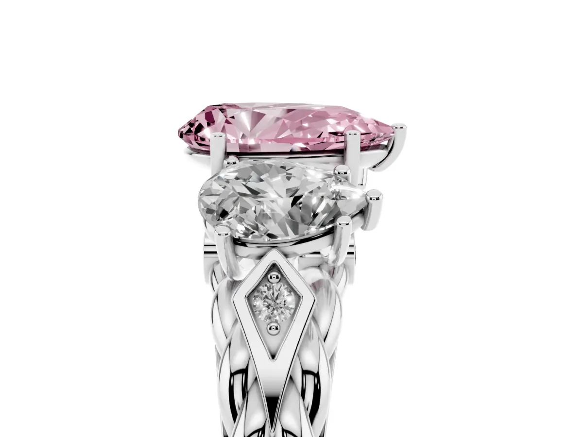 Fancy Pink Three-Stone Pear Cut Diamond Braided Band Ring with Four-Prong Setting Platinum