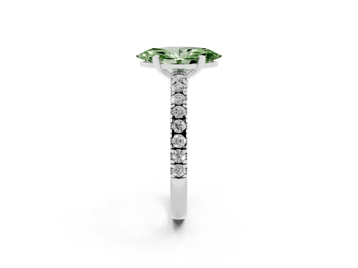 Fancy Green Marquise Cut Solitaire Diamond with Pavé Band and Four-Prong Setting White gold