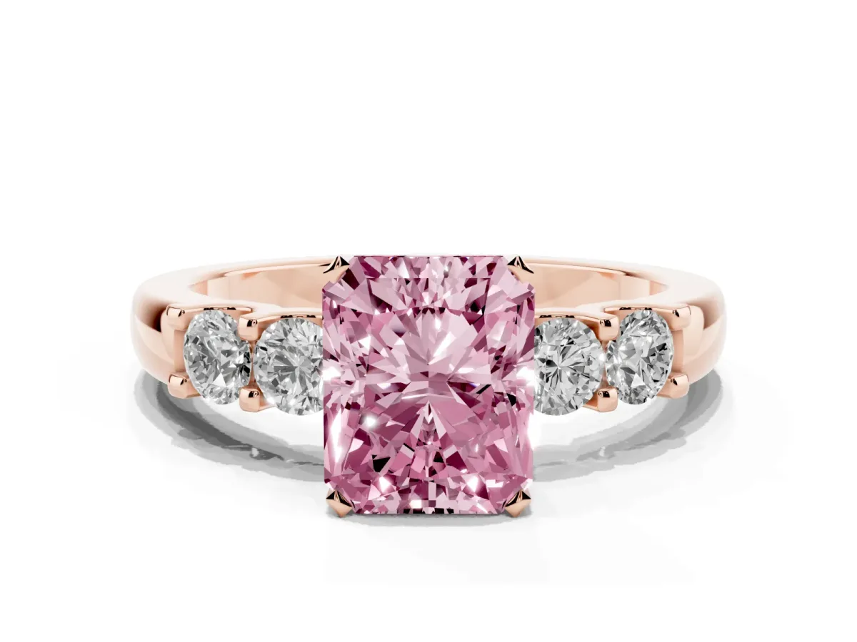 Fancy Pink Radiant Cut Brilliant Cut Diamond Five-Stone Prong Set Engagement Ring with Channel Band Rose gold