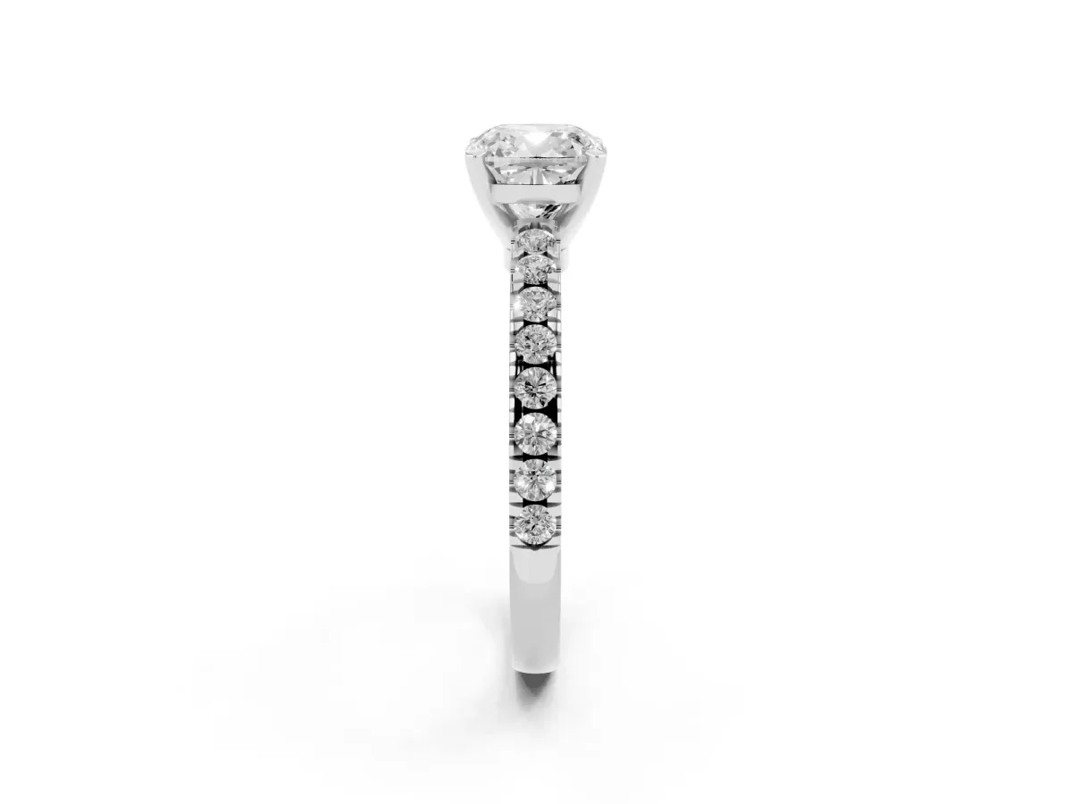 Cushion Cut Solitaire Diamond with Pavé Band and Four-Prong Setting Silver