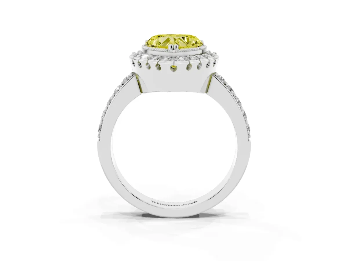 Fancy Yellow Heart Cut Diamond Halo Ring with Pavé Band and Prong Setting Silver