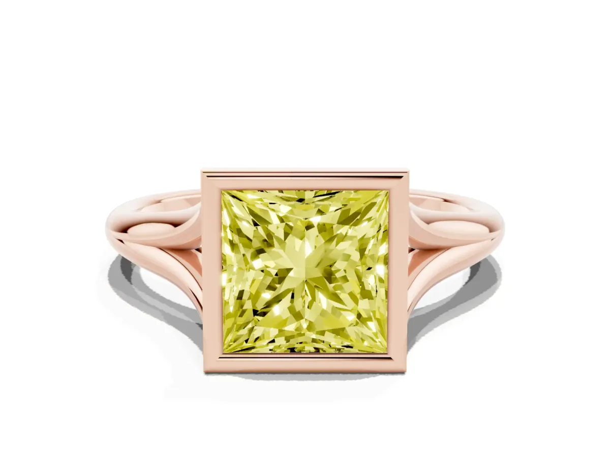 Fancy Yellow Bezel Set Princess Cut Cut Solitaire Ring with Tapered Band Rose gold