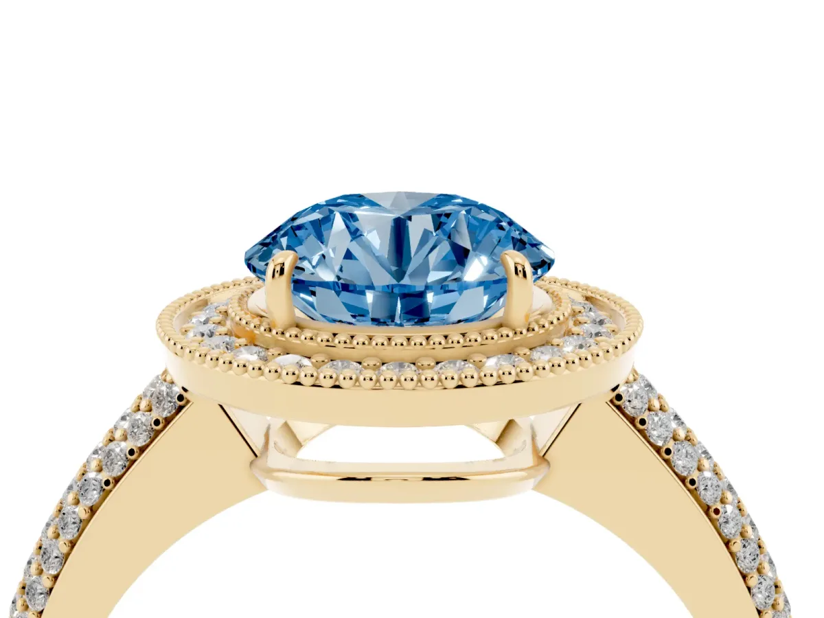 Fancy Blue Round Cut Cut Halo Diamond Pave Band with Four-Prong Setting Yellow gold