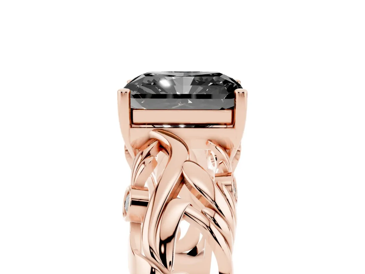 Fancy Black Radiant Cut Solitaire Diamond Leaf-Inspired Vine Band Ring with Prong Setting Rose gold