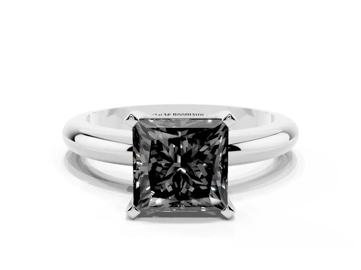 Fancy Black Princess Cut Diamond Solitaire Engagement Ring with Round Band and Four-Prong Setting Platinum