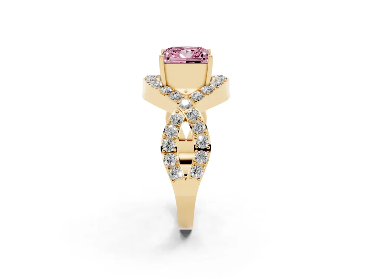Fancy Pink Princess Cut Solitaire Twist Band Pavé Diamond Engagement Ring Yellow gold
