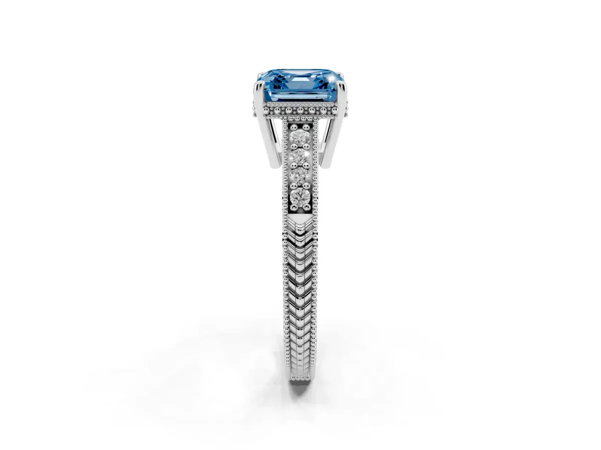 Fancy Blue Asscher Cut Solitaire Pavé Diamond Milgrain Engagement Ring with Four-Prong Setting Silver