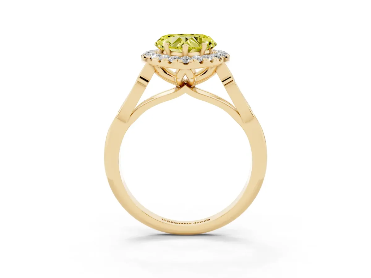 Fancy Yellow Heart Cut Halo Diamond Engagement Ring with Filigree Band and Four-Prong Setting Yellow gold